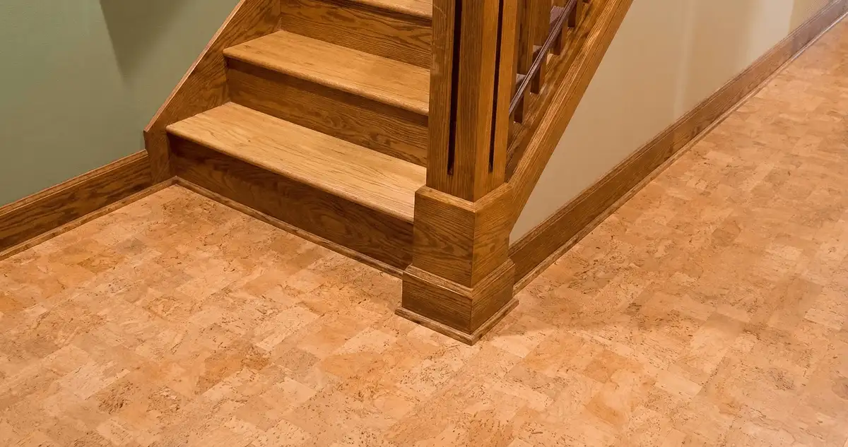 End of a staircase with cork flooring in Lincoln, NE