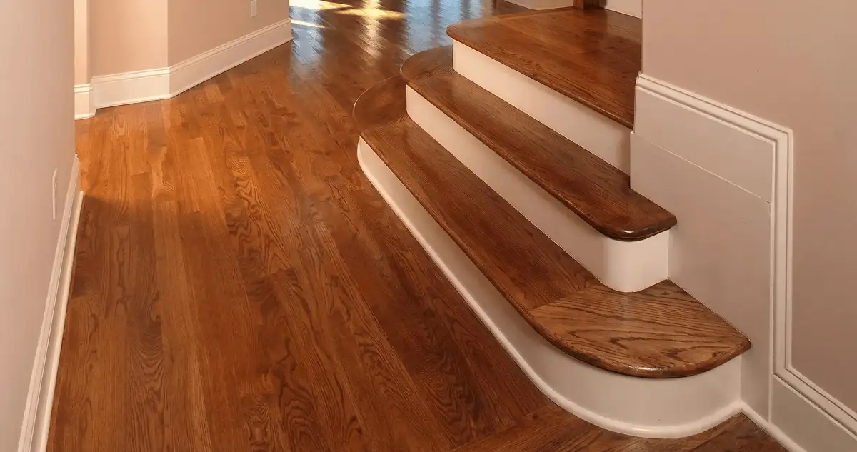Base floor of a staircase with professionally restored wood flooring in Lincoln NE