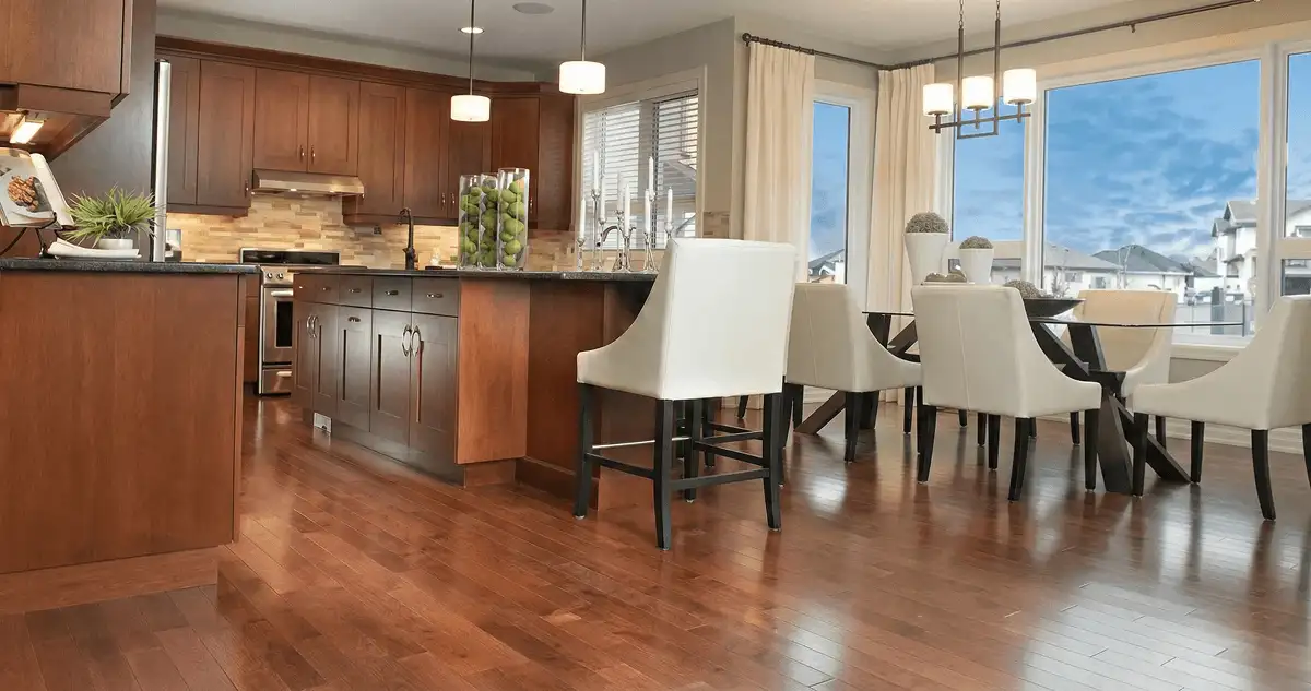 A modern kitchen with professionally installed wood flooring in Lincoln, NE